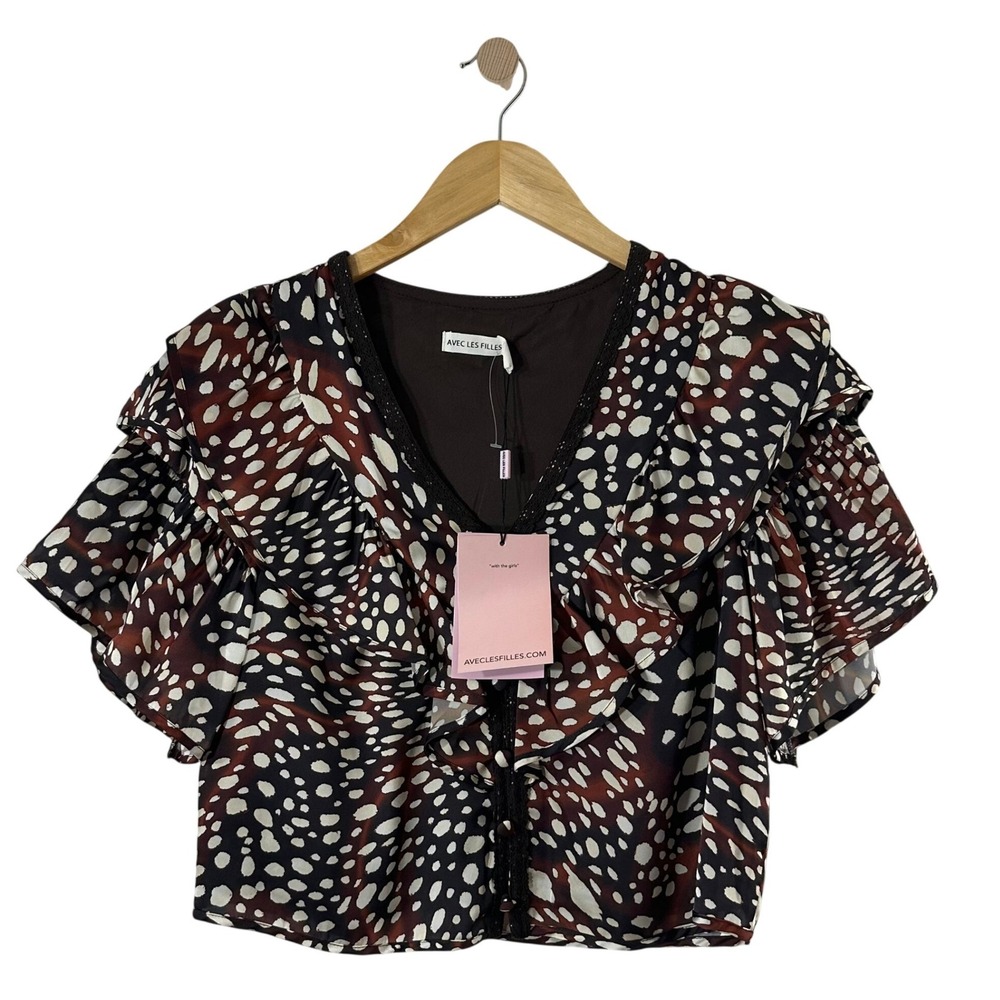 Avec Les Filles Brown Abstract Dot Ruffle Tiered Blouse XS NEW